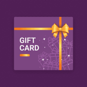 Gift card with a purple background and a gold ribbon.