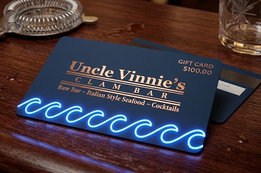 Gift card for Uncle Vinnie's Clam Bar in Raritan, NJ, valued at $100.00.